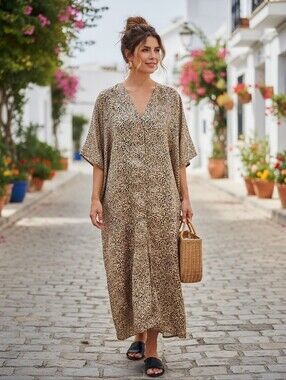 Vintage Y2K Oscar de la Renta Leopard Print Lounge Caftan Dress